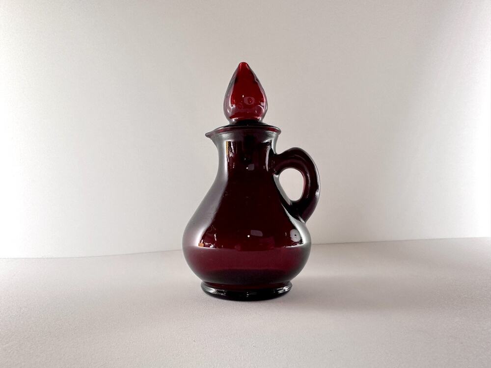 Vintage Avon Ruby Red Glass Cruet with Stopper Strawberry Bath Foam Empty 5" H